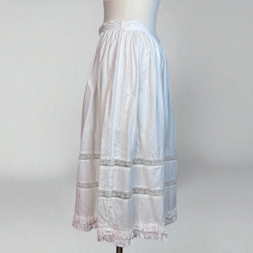 Vintage Edwardian Petticoat White Tiered Skirt Cotton Lace Ruffle Medium