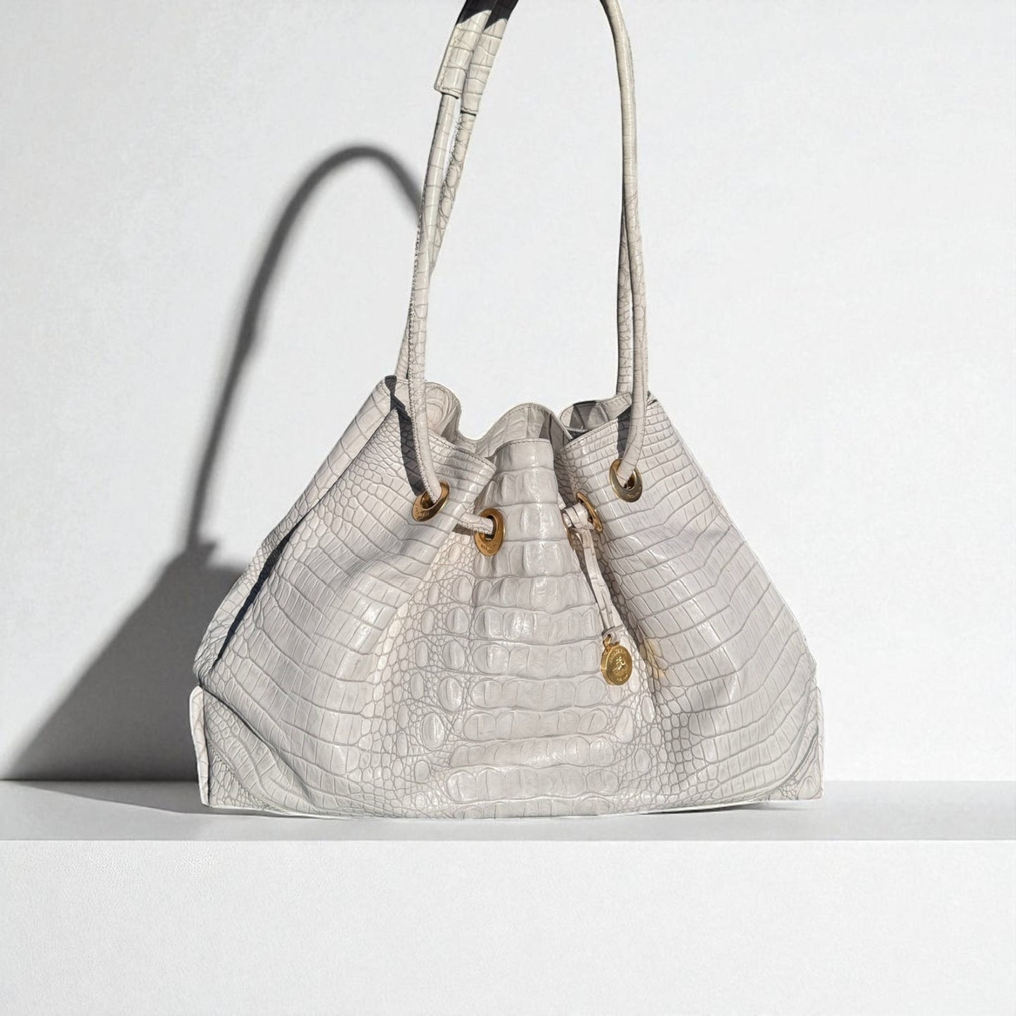 Vintage Brahmin Bag Deidre White Drawstring Melbourne Crocodile Embossed Purse