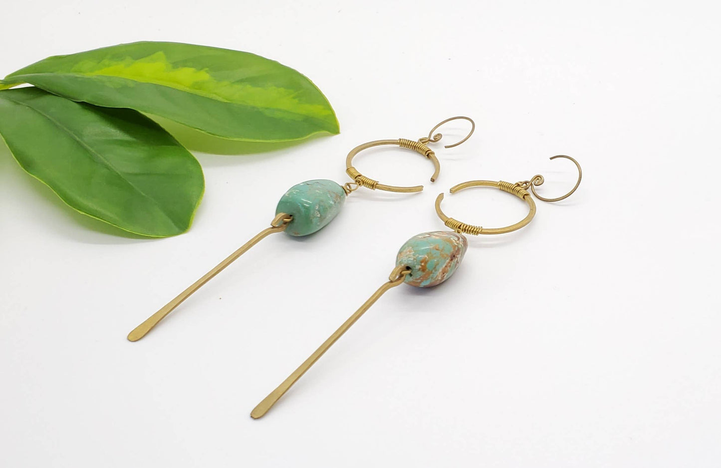 Brass Crescent with Rough Cut Stone Earring