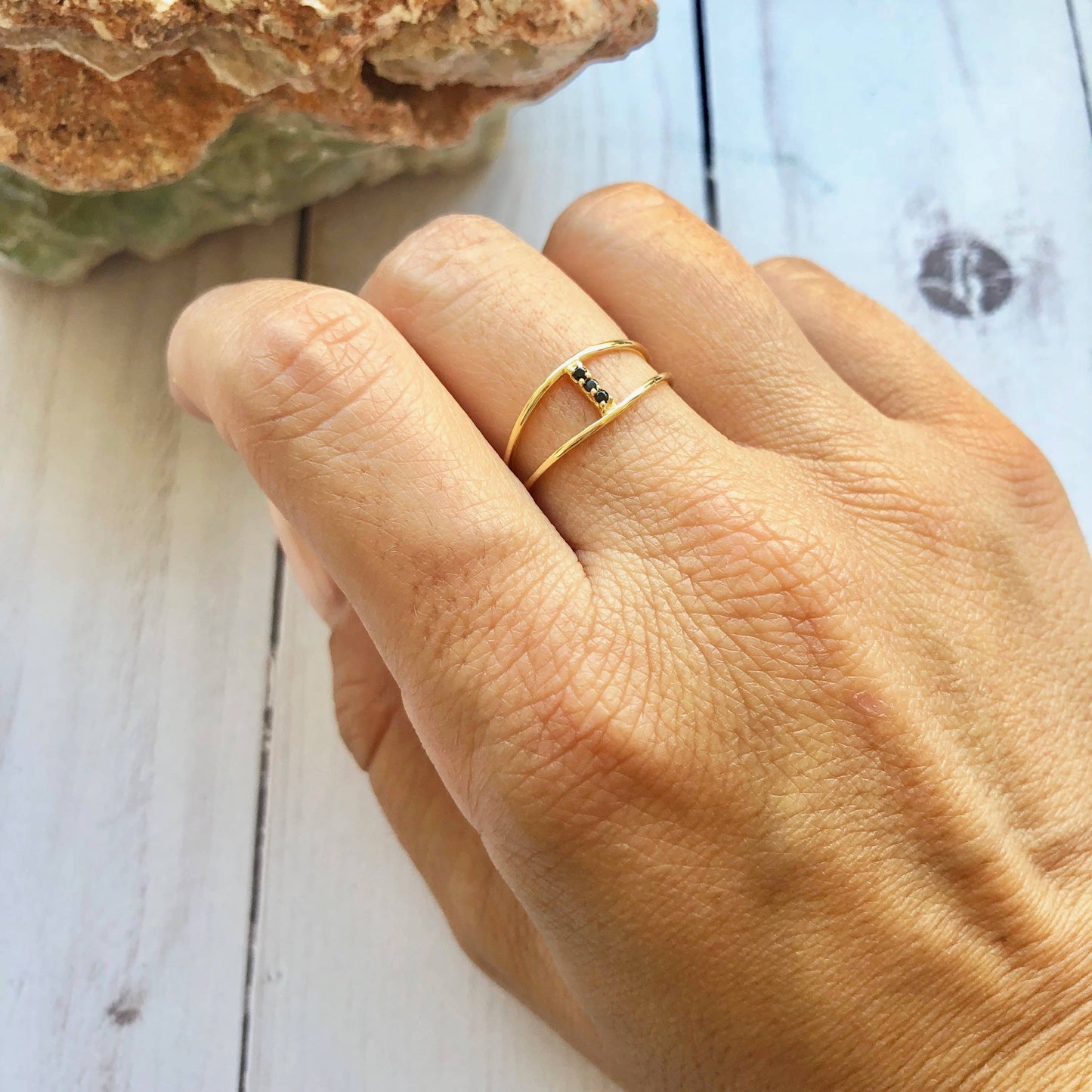 22k Gold Plated Open Band 3 Stone Ring