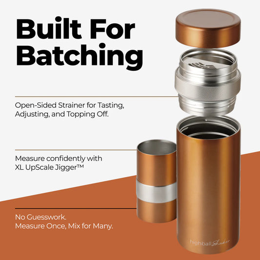 Bronze shaker with open lid on a white background, featuring text about its features.