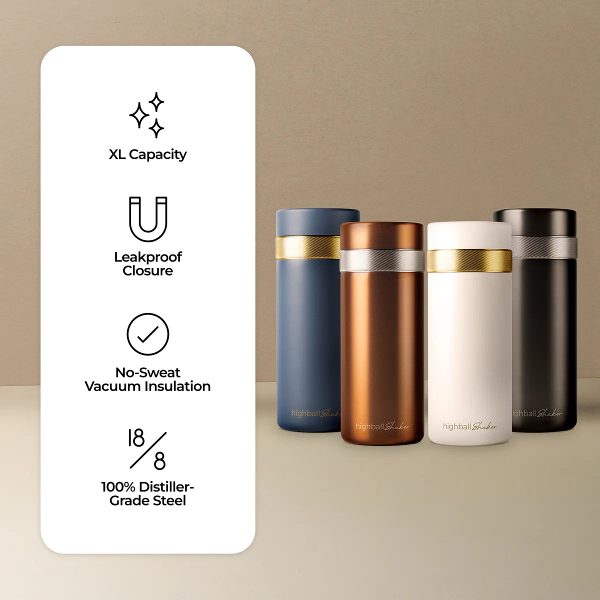 Set of four insulated tumblers with color options and features listed on a beige background