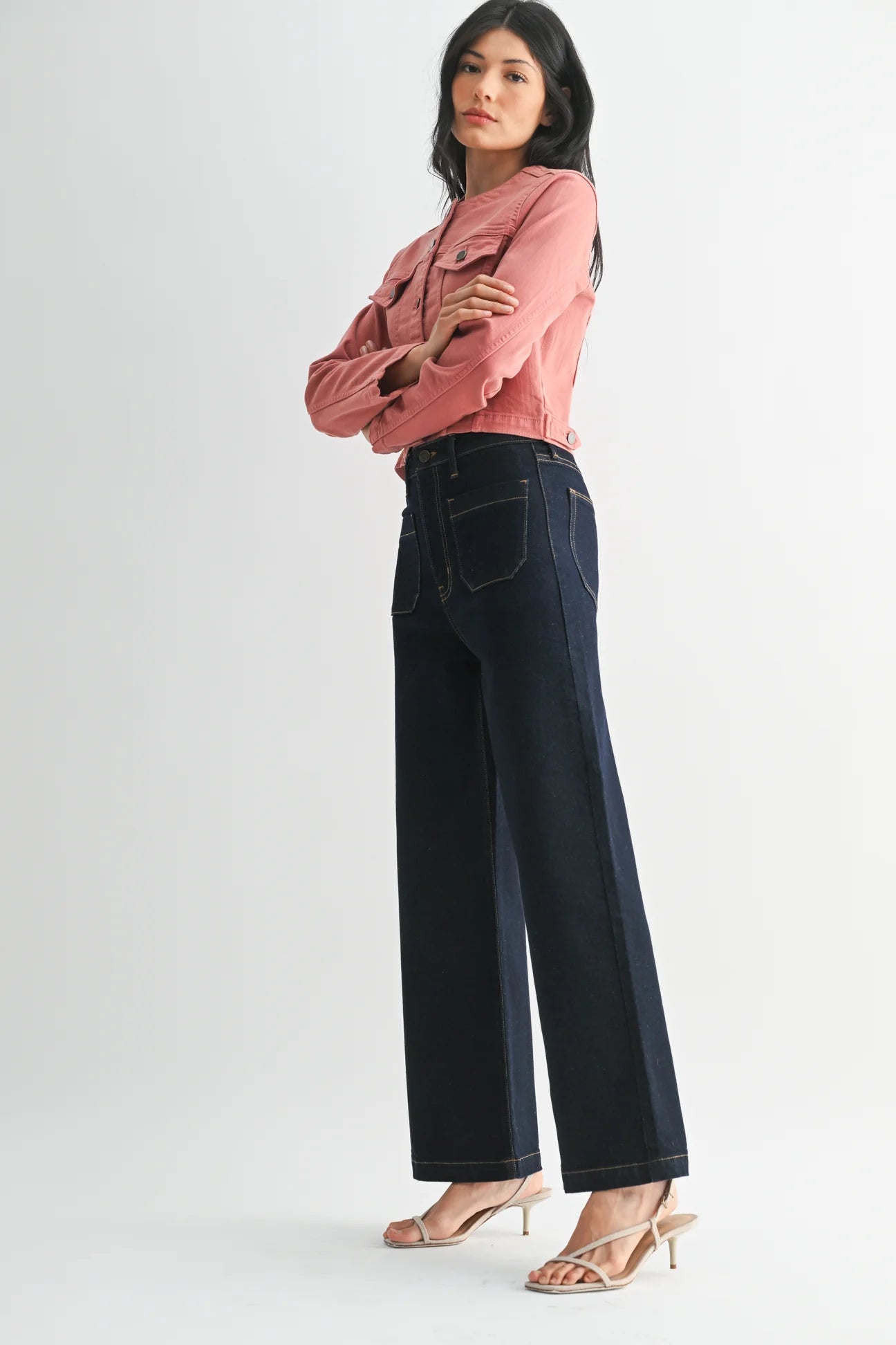 Mini Patch Pocket Wide Flare Denim Pants - MST GoodsJust Black Denim