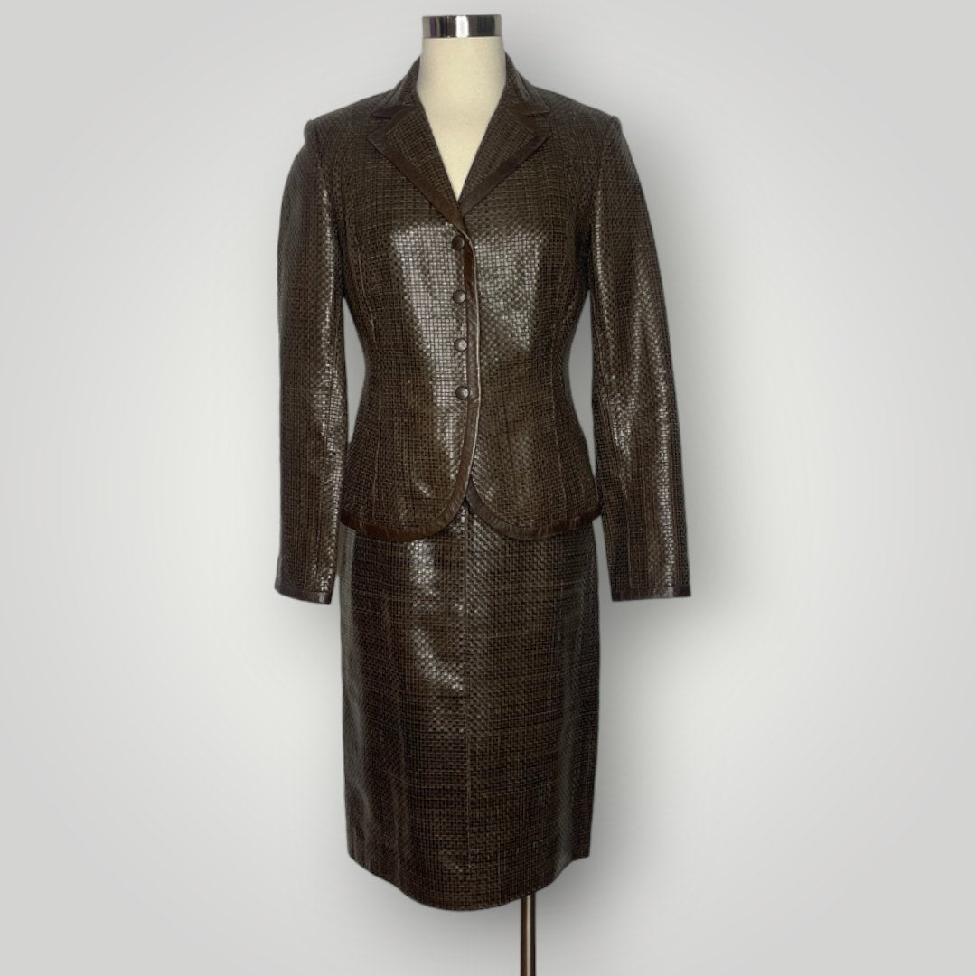 Max Mara Brown Woven Leather Skirt Suit Set Blazer Couture I