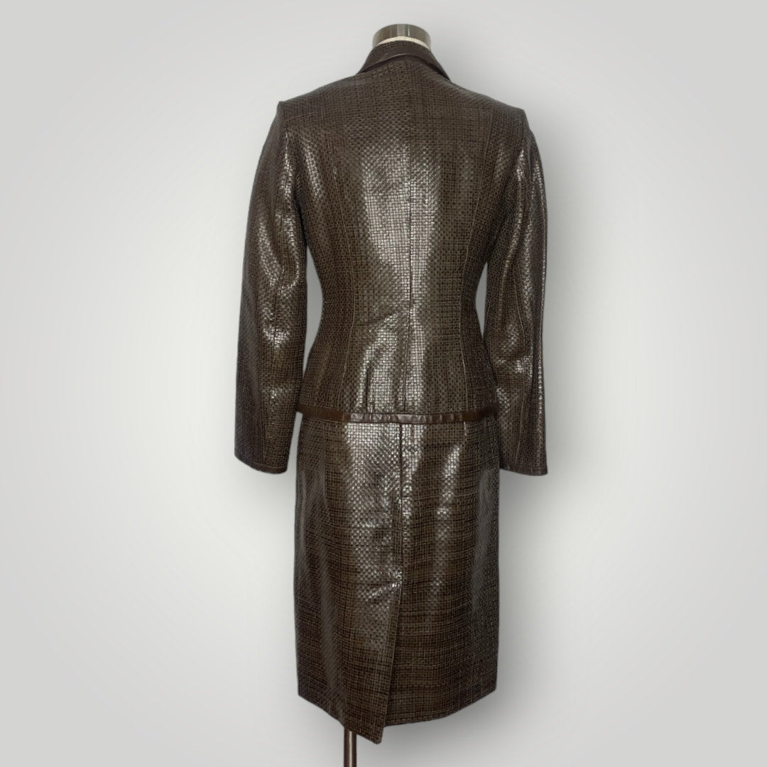 Max Mara Brown Woven Leather Skirt Suit Set Blazer Couture I