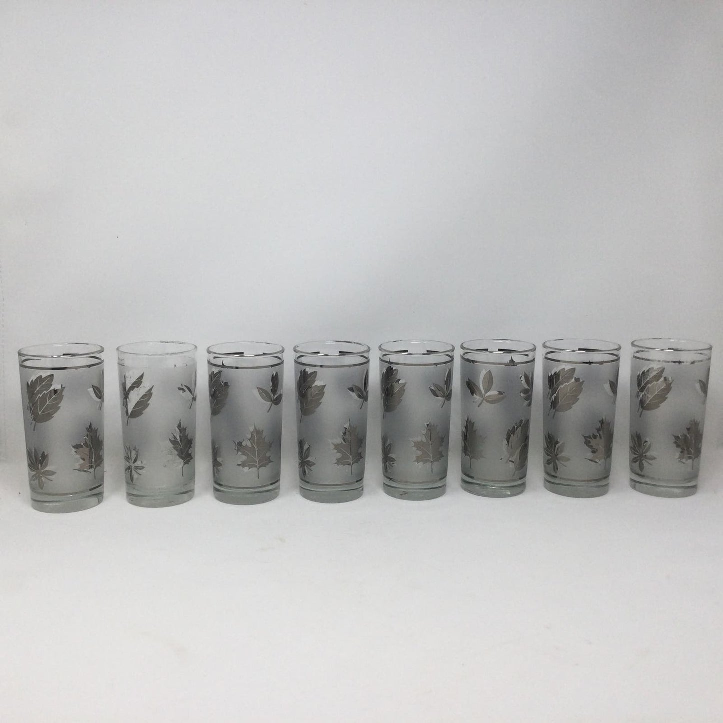 Libbey Starlyte Frosted Silver Leaf Glasses Foliage Set of 8 With Carrier