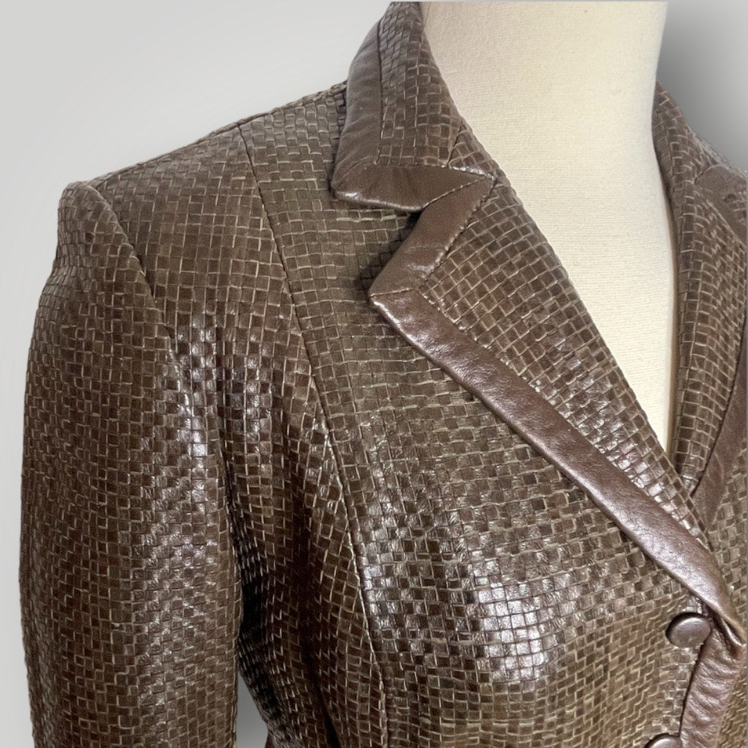 Max Mara Brown Woven Leather Skirt Suit Set Blazer Couture I