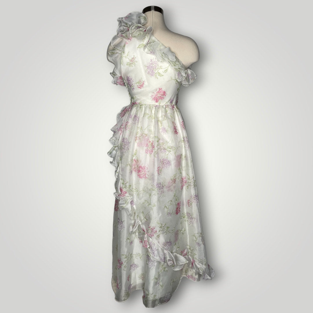 Vintage Prom Dress One Shoulder Ruffled Floral Lilac Print Barbie Small 2 1970s
