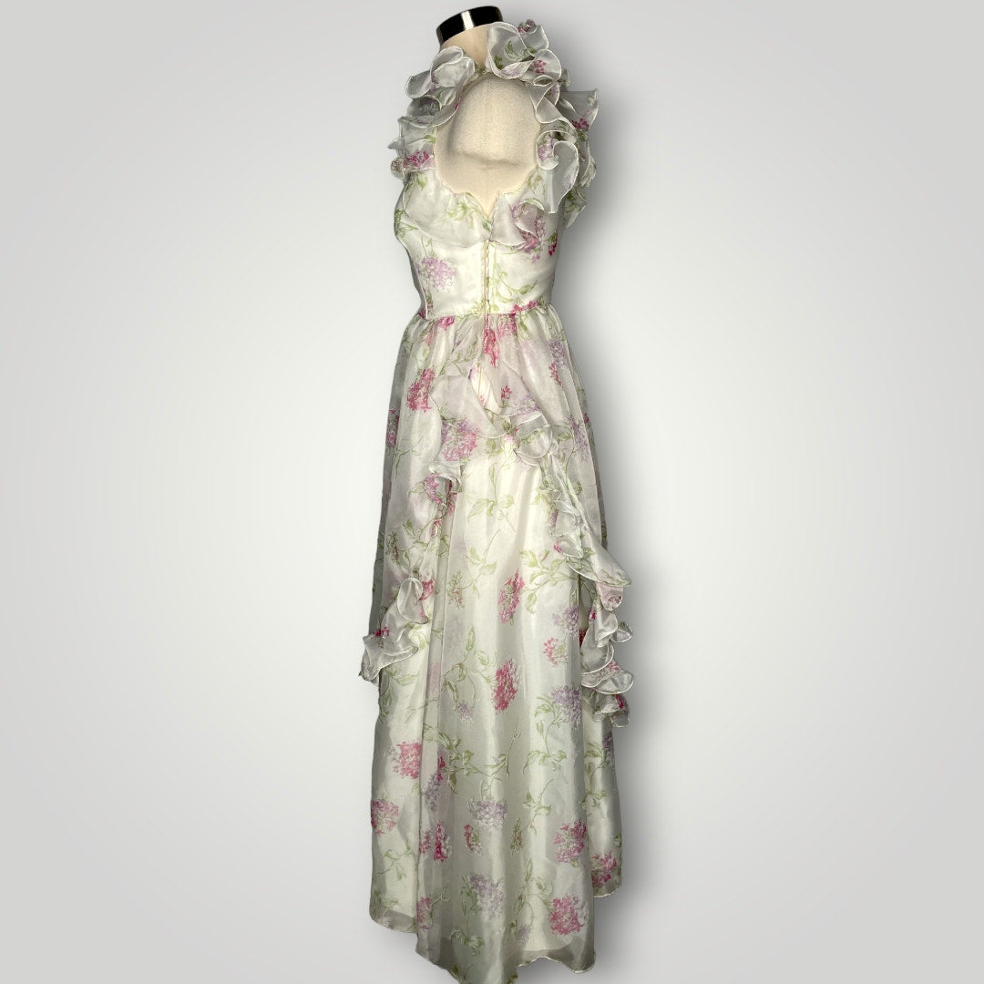 Vintage Prom Dress One Shoulder Ruffled Floral Lilac Print Barbie Small 2 1970s