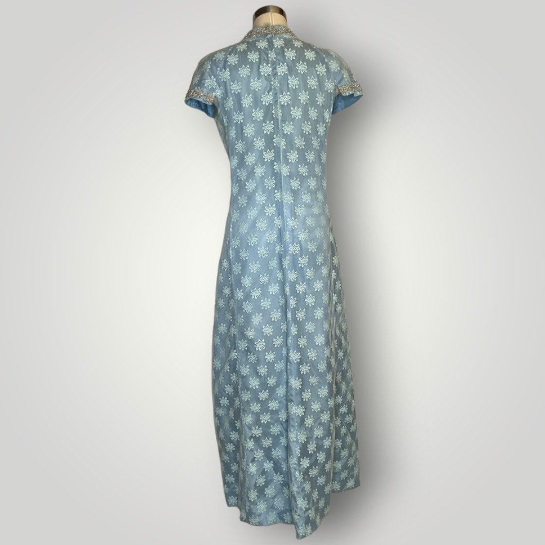 Vintage 1960s Handmade Dress Sheer Netting Embroidery Maxi Powder Blue Med F