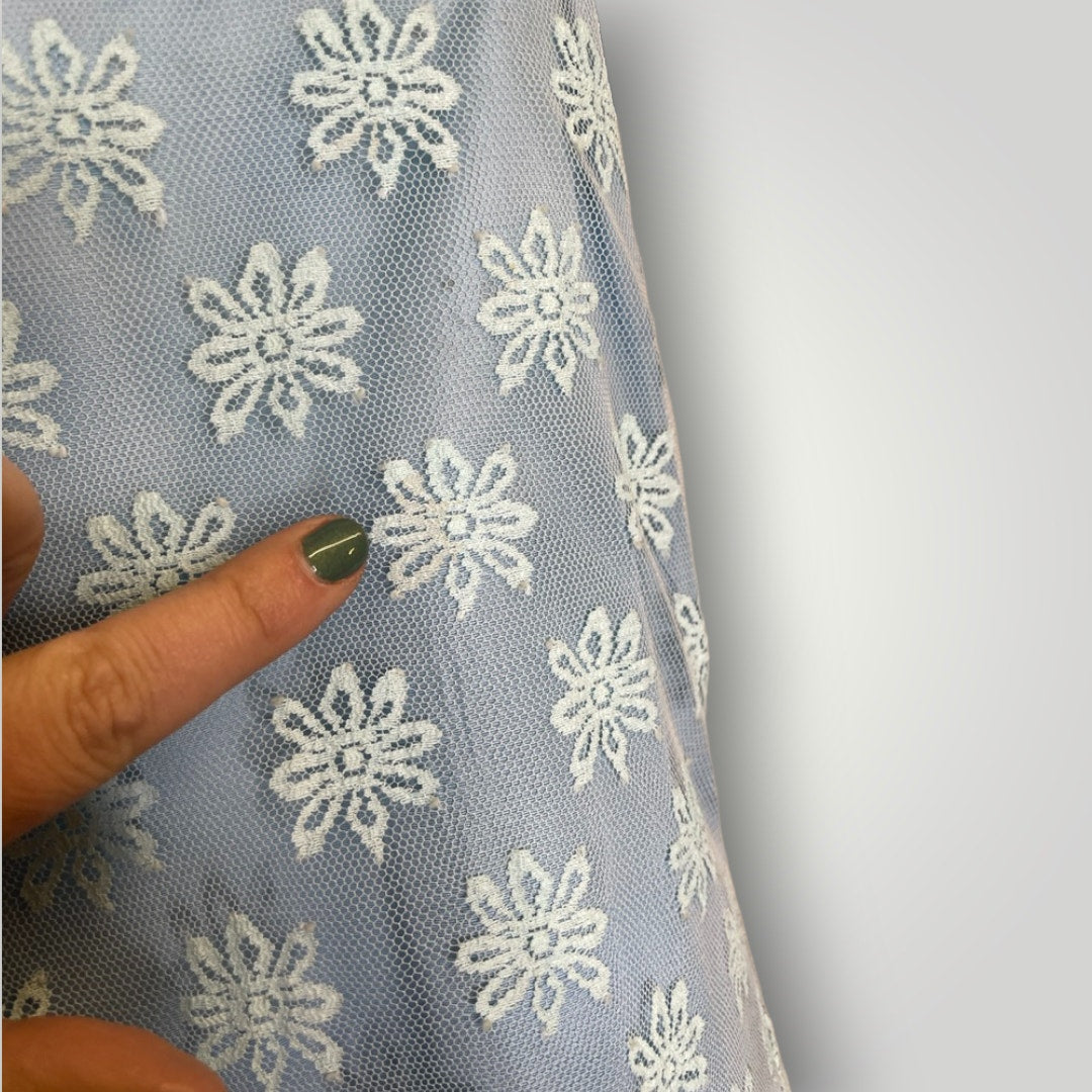 Vintage 1960s Handmade Dress Sheer Netting Embroidery Maxi Powder Blue Med F