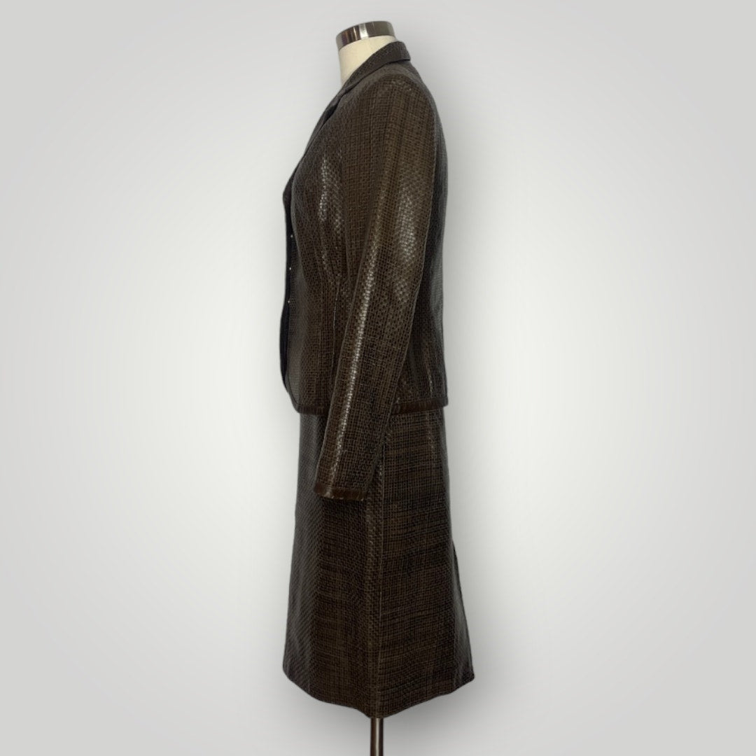 Max Mara Brown Woven Leather Skirt Suit Set Blazer Couture I