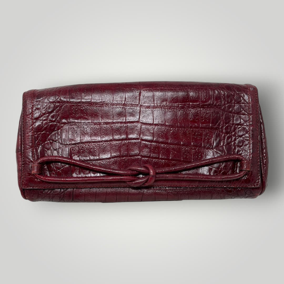 Vtg Brahmin Clutch Red Burgundy Front Embellishment Moc Crocodile Leather E