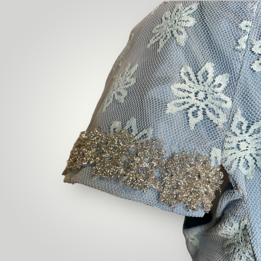 Vintage 1960s Handmade Dress Sheer Netting Embroidery Maxi Powder Blue Med F