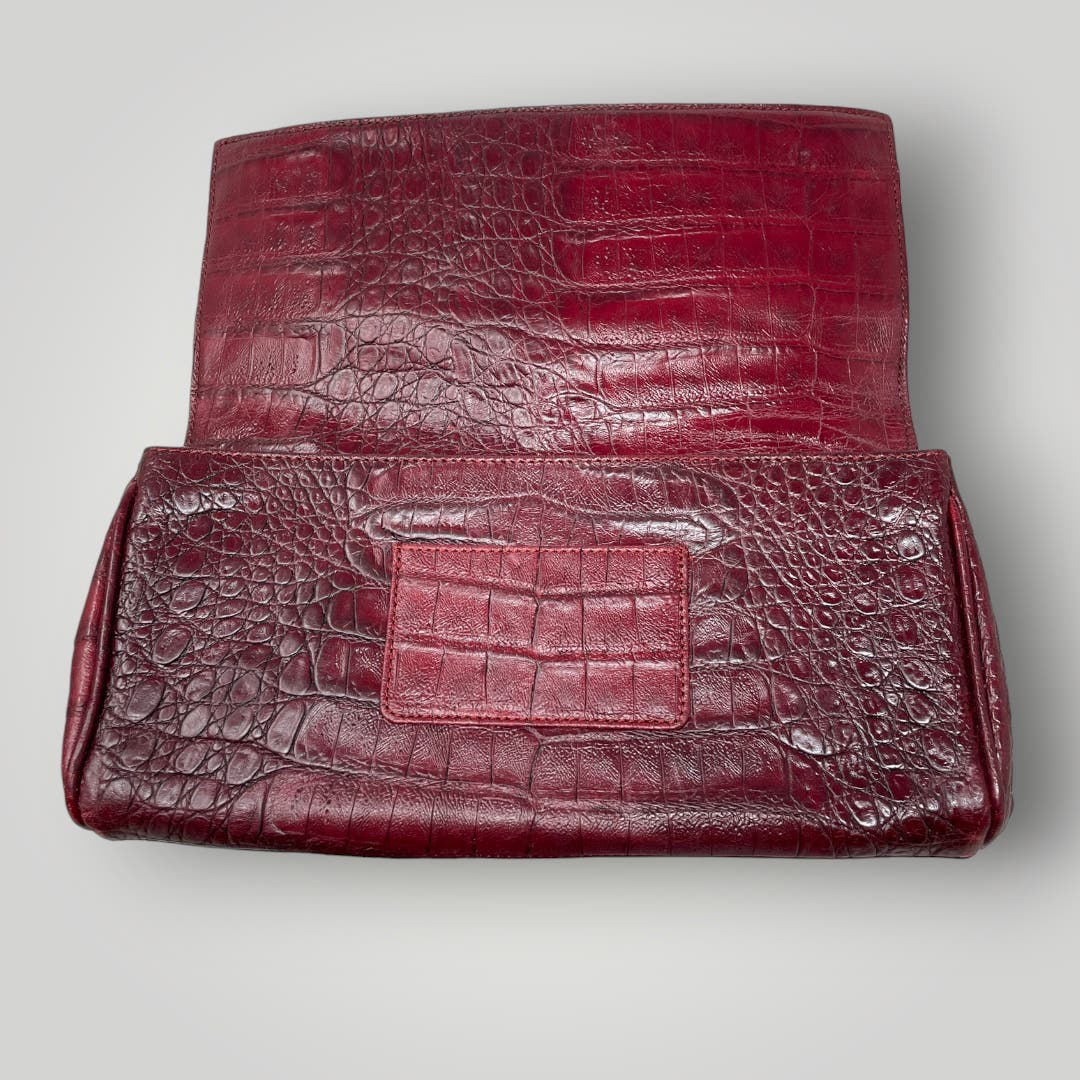 Vtg Brahmin Clutch Red Burgundy Front Embellishment Moc Crocodile Leather E