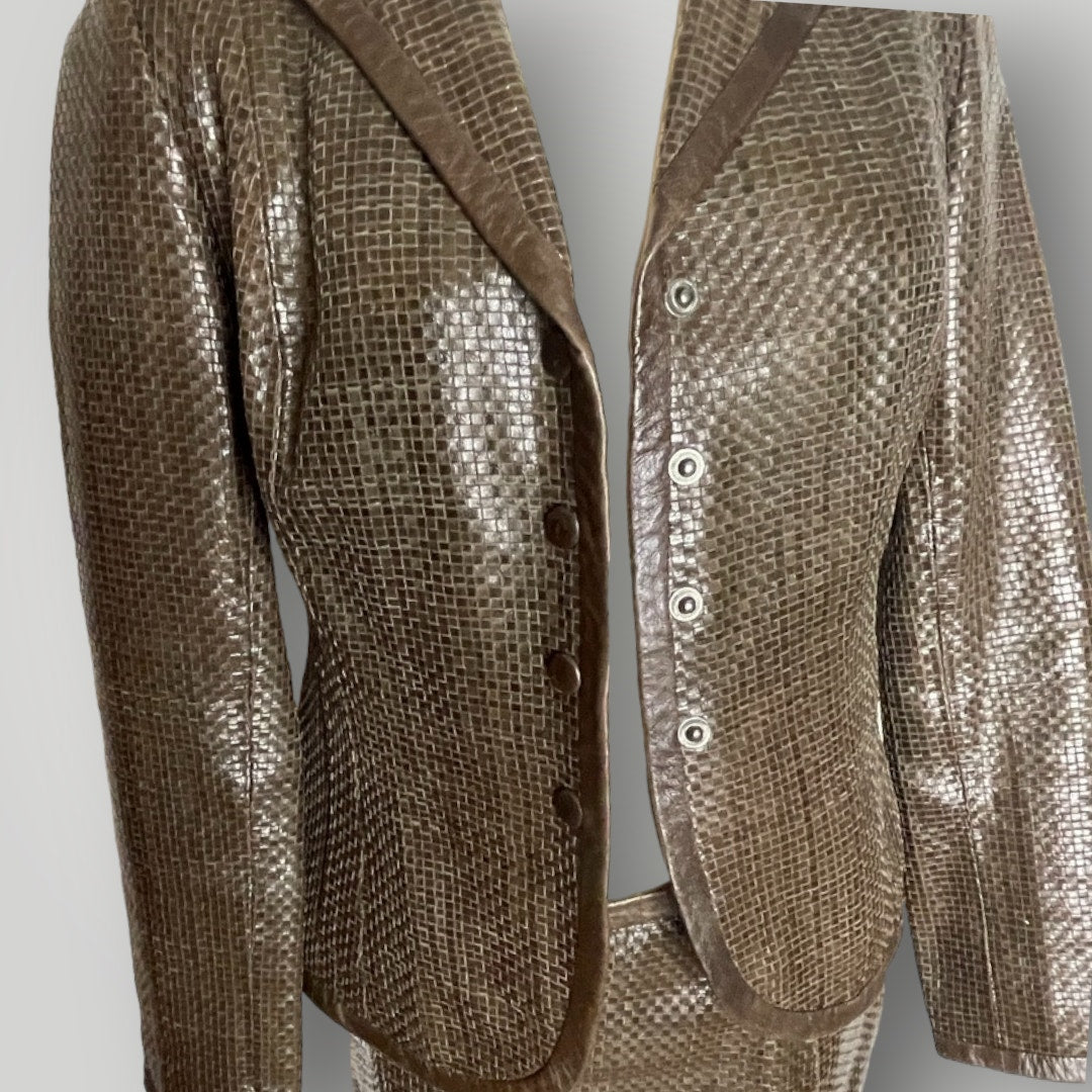 Max Mara Brown Woven Leather Skirt Suit Set Blazer Couture I