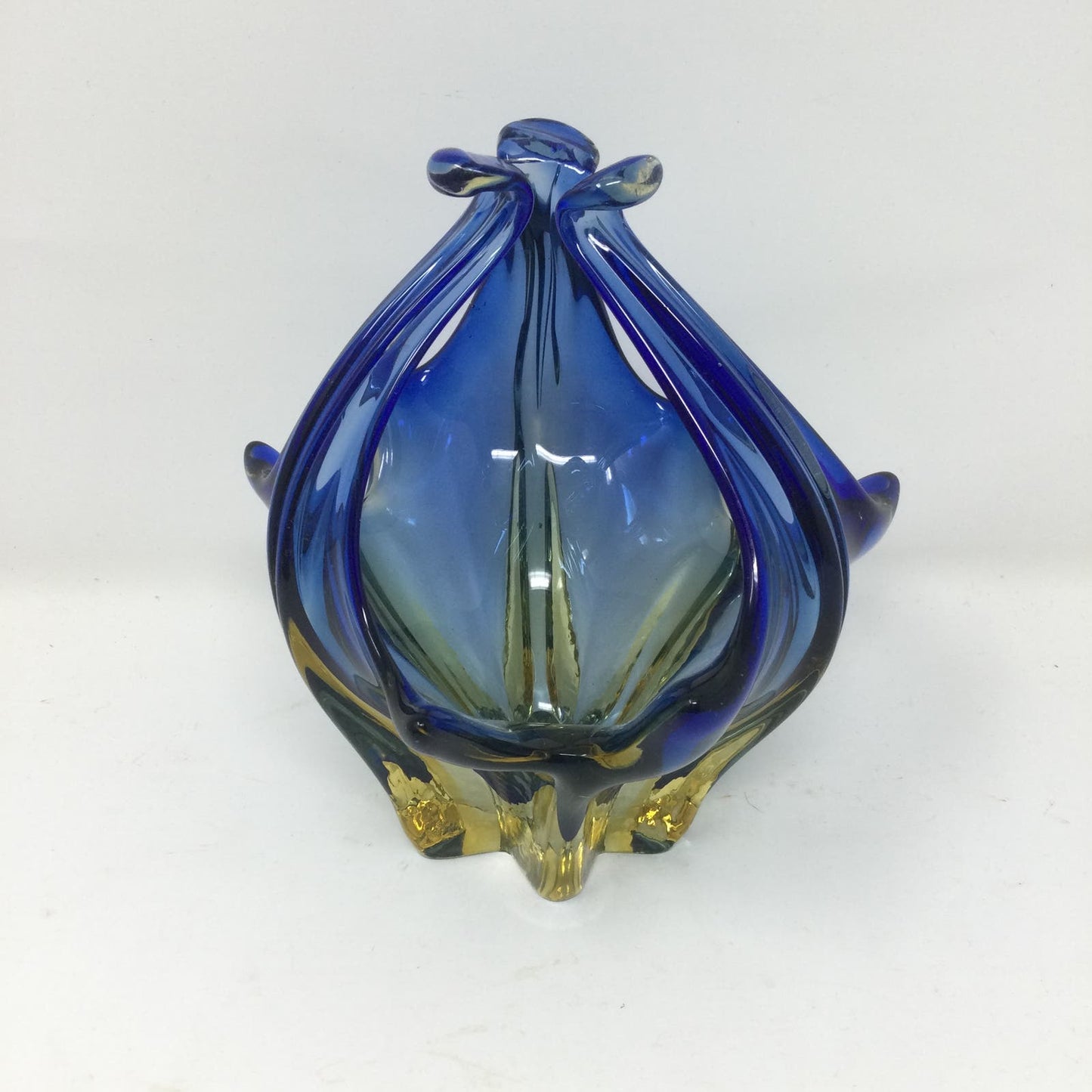 Vintage Murano Art Glass Basket Handmade Italy 1960s Mid Century