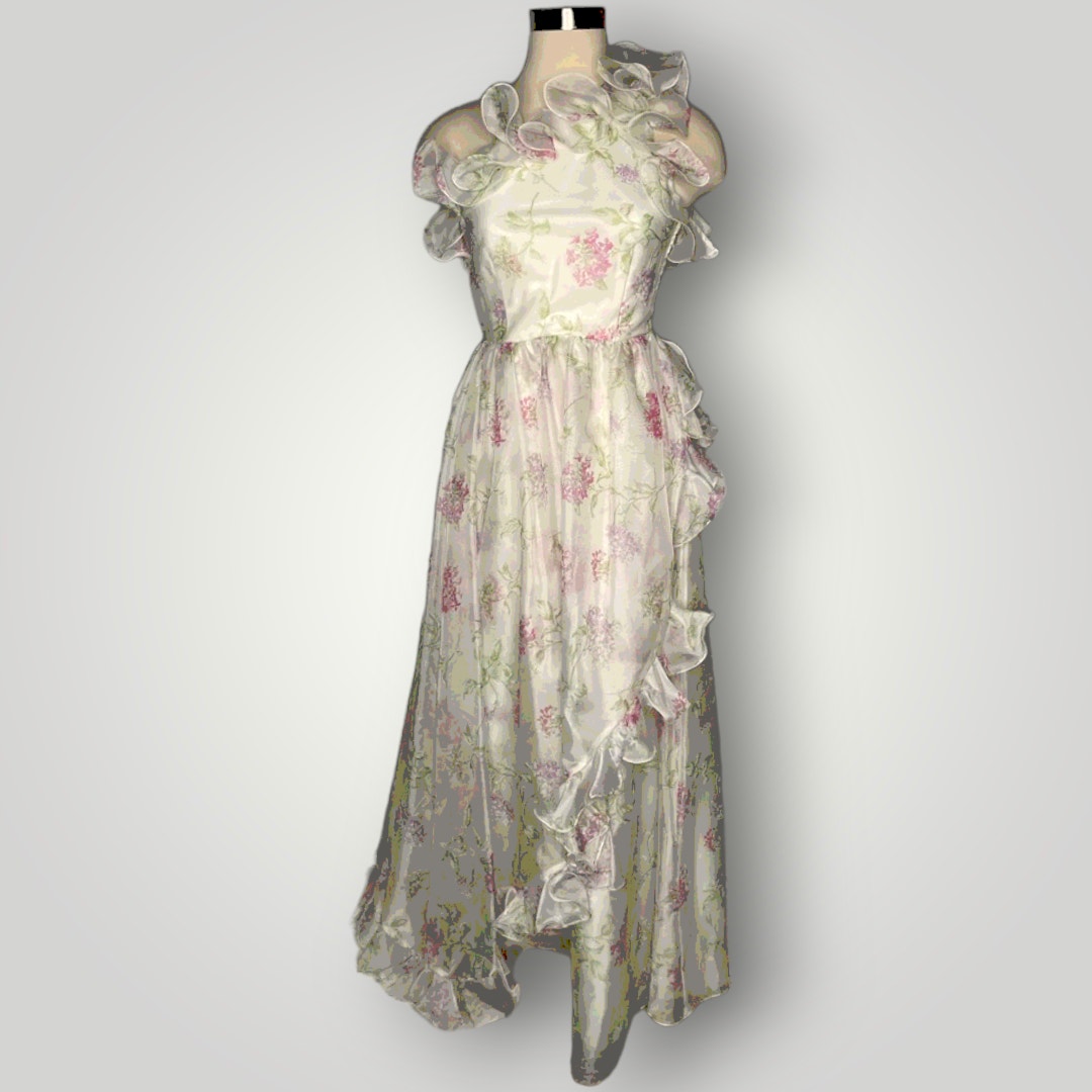 Vintage Prom Dress One Shoulder Ruffled Floral Lilac Print Barbie Small 2 1970s