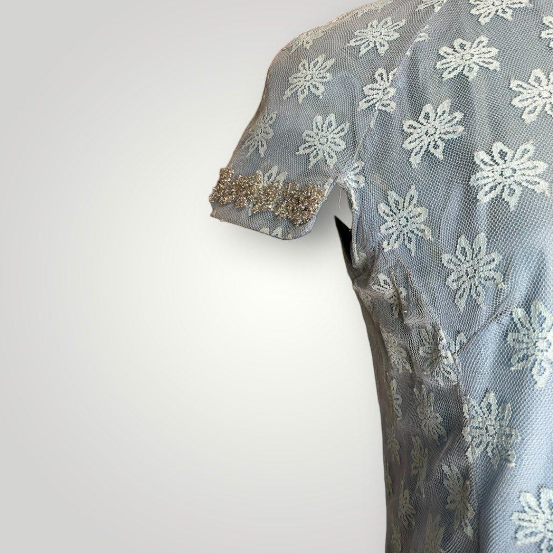 Vintage 1960s Handmade Dress Sheer Netting Embroidery Maxi Powder Blue Med F