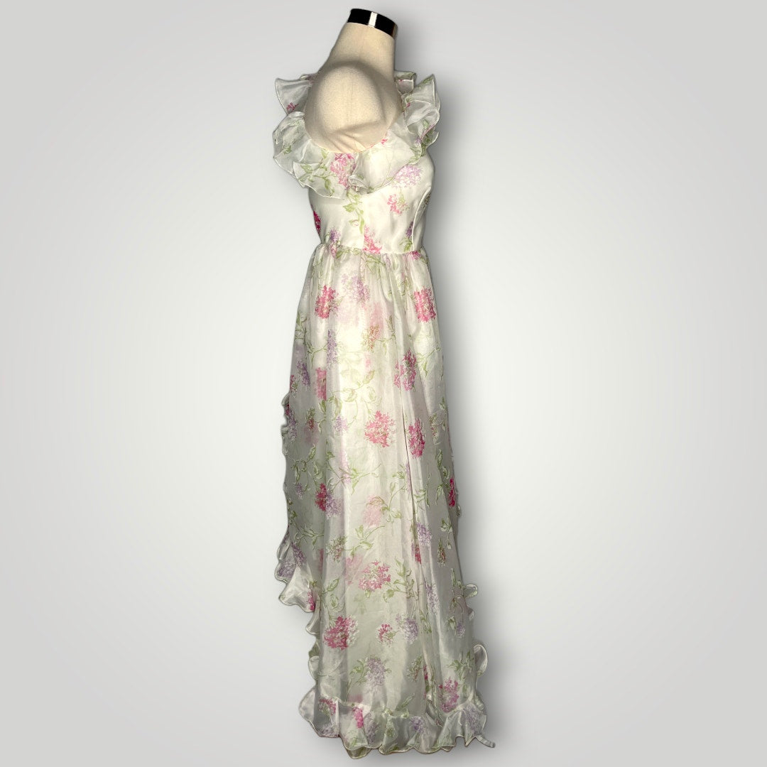 Vintage Prom Dress One Shoulder Ruffled Floral Lilac Print Barbie Small 2 1970s
