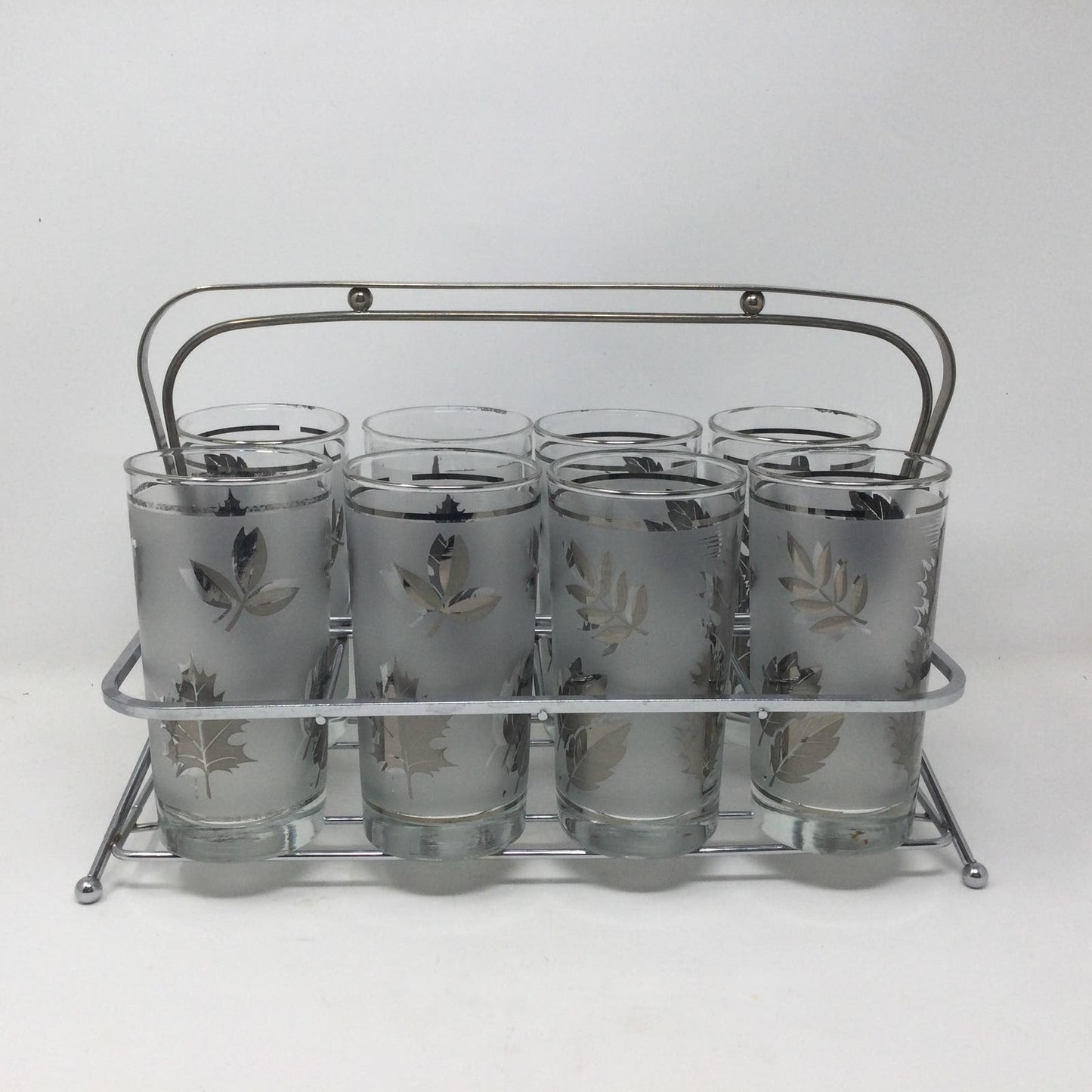 Libbey Starlyte Frosted Silver Leaf Glasses Foliage Set of 8 With Carrier