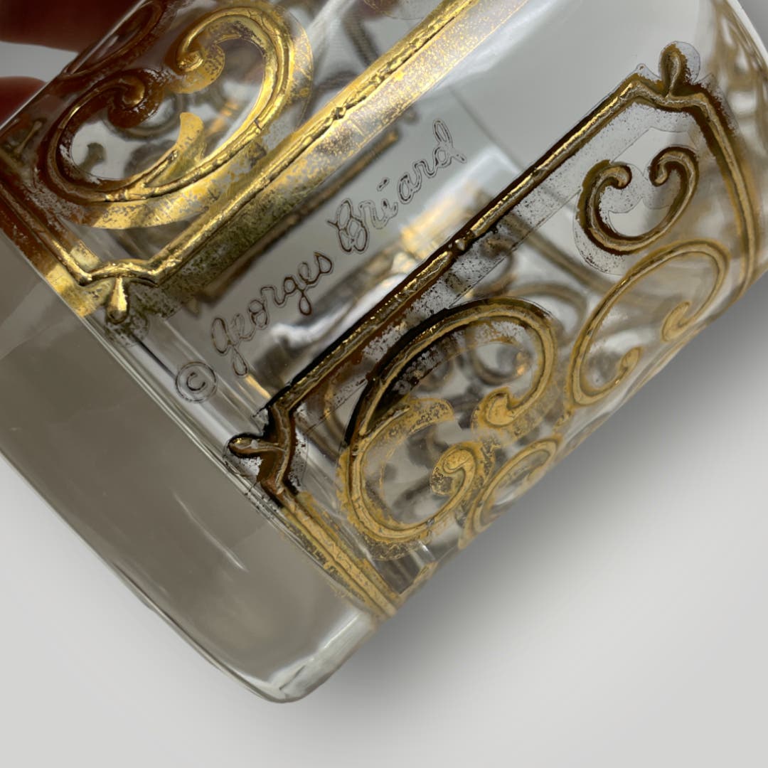 MCM Whiskey Glasses 50s Georges Briard Signed 22k Gold Spanish Scroll Glasses