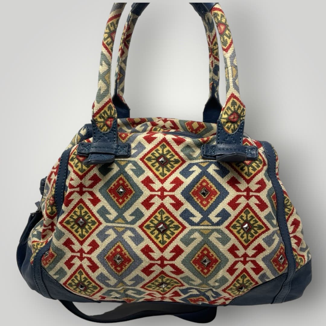 Isabella Fiore Bags Purse Studded Convertible Blue Leather Trim Geometric Pattern