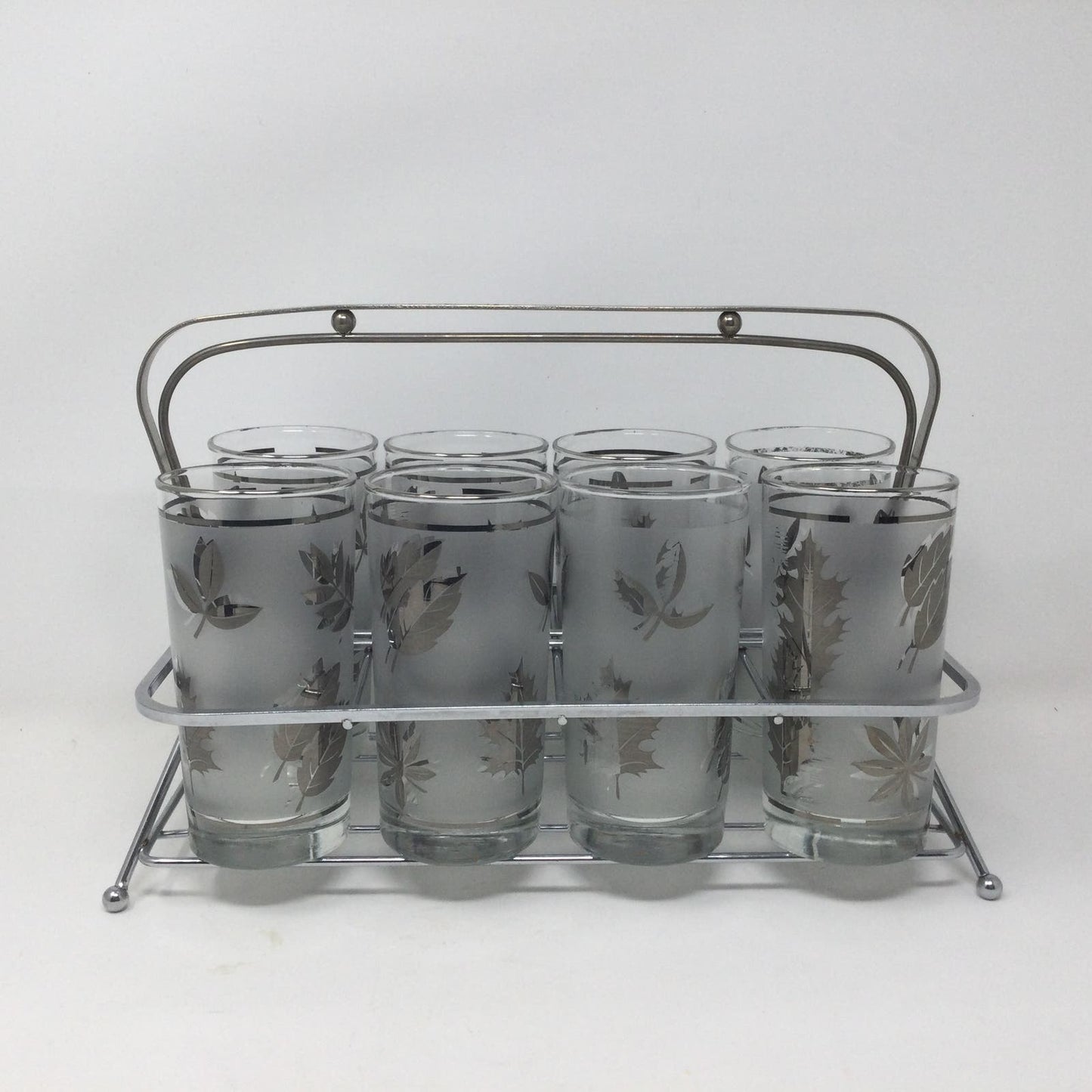 Libbey Starlyte Frosted Silver Leaf Glasses Foliage Set of 8 With Carrier