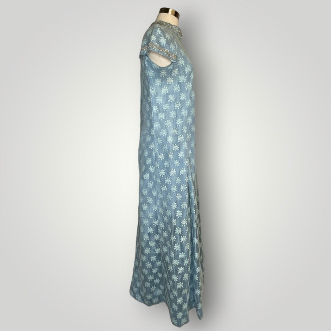 Vintage 1960s Handmade Dress Sheer Netting Embroidery Maxi Powder Blue Med F