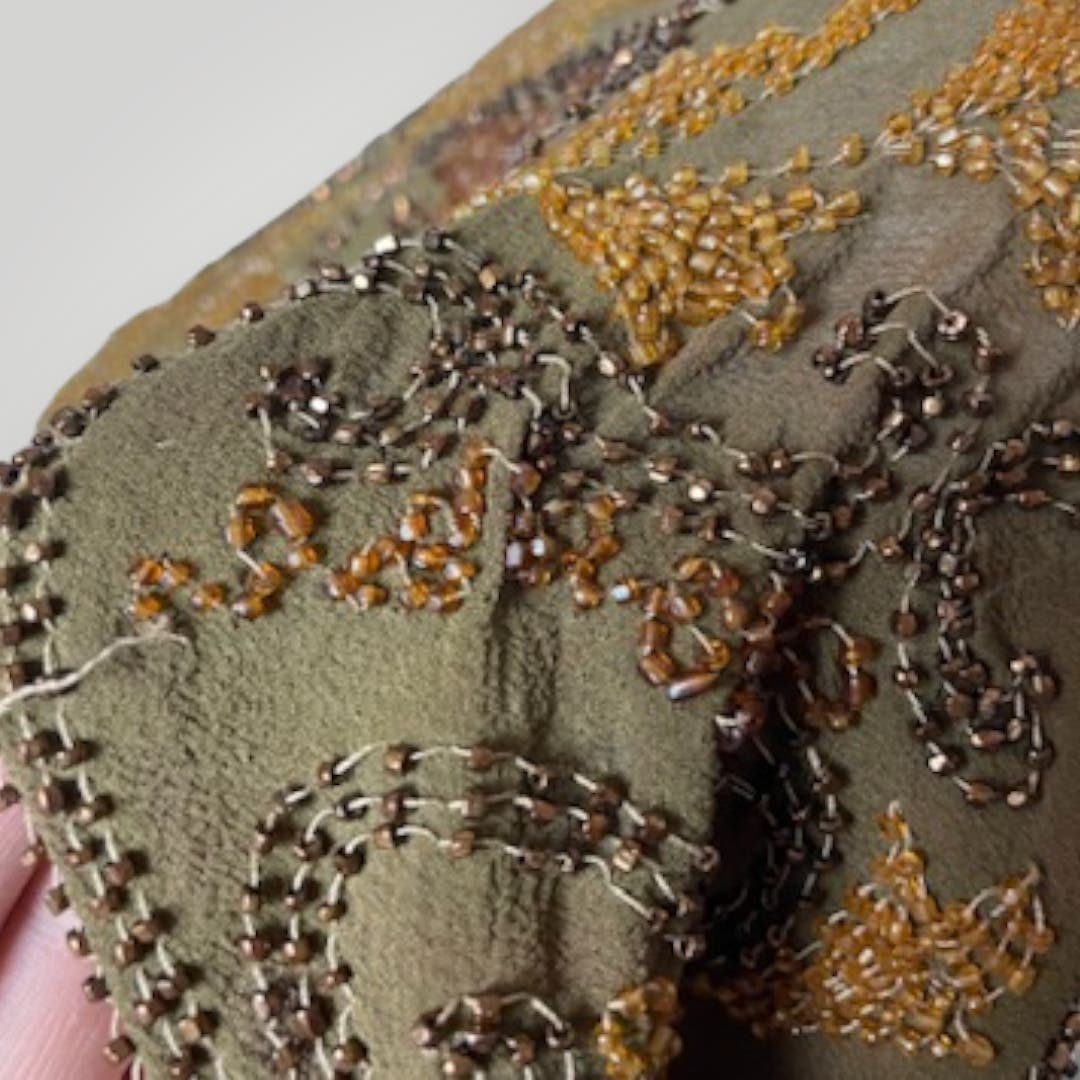 Vintage 1920s Beaded Handmade Flapper Dress Brown Floral Earth Tones M F