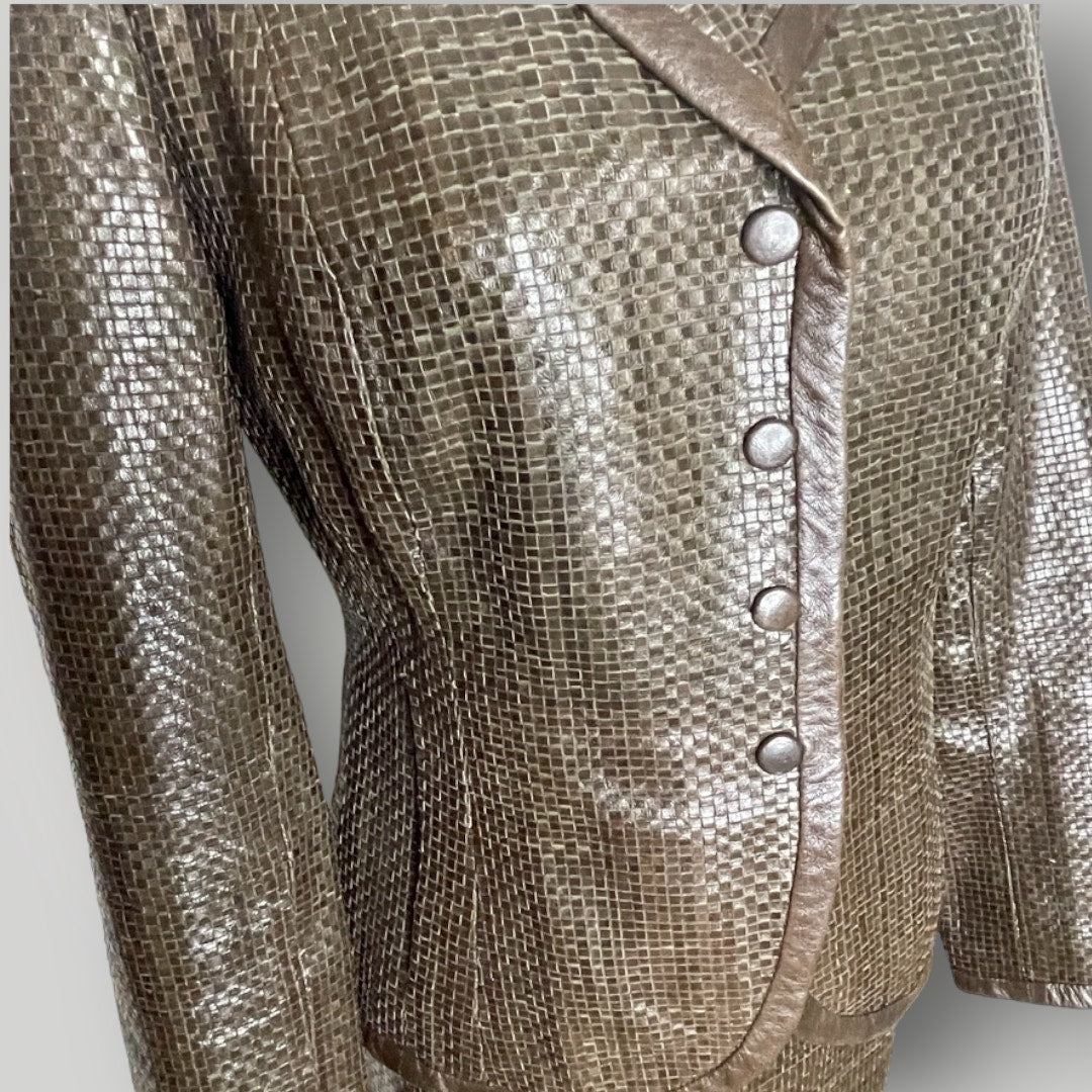 Max Mara Brown Woven Leather Skirt Suit Set Blazer Couture I