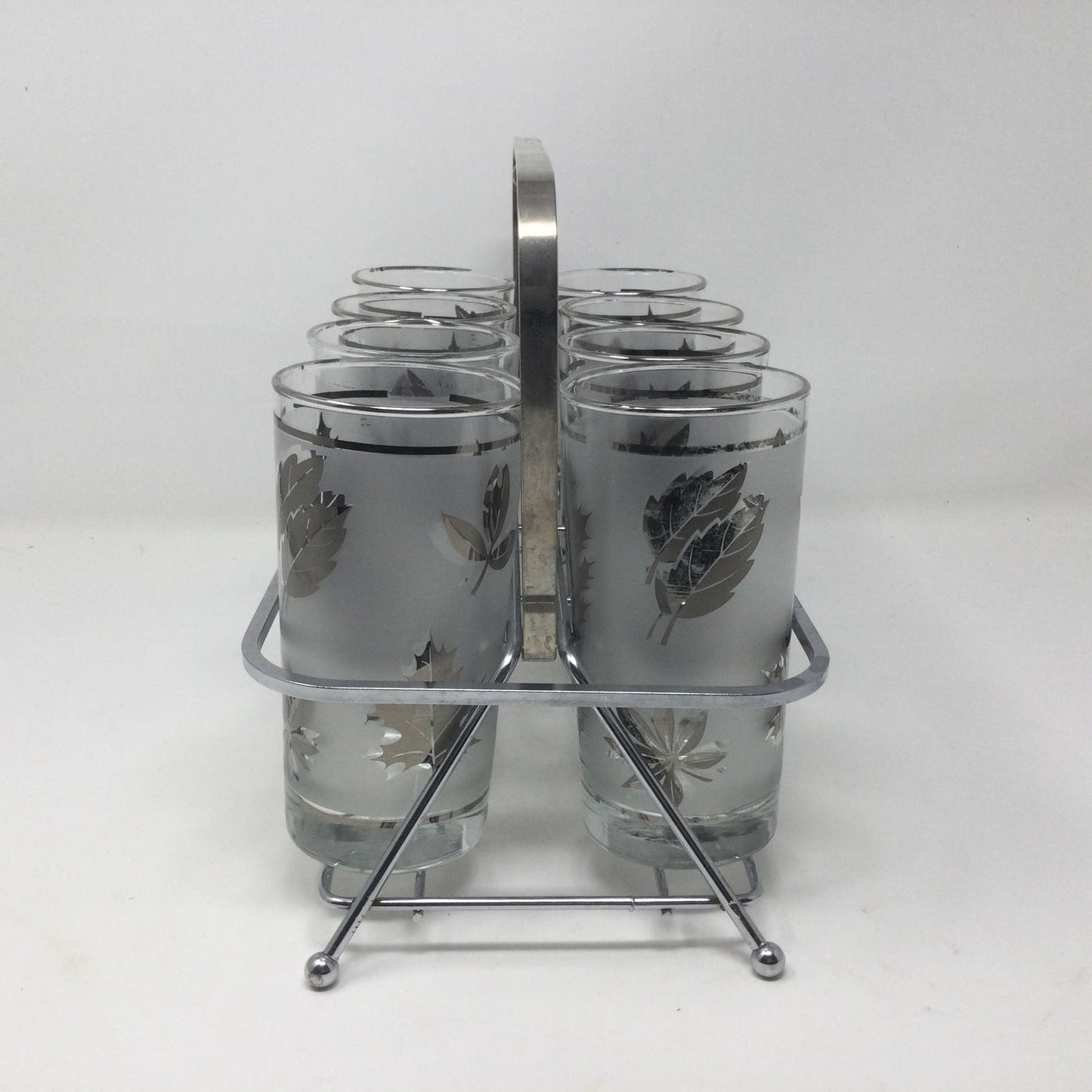 Libbey Starlyte Frosted Silver Leaf Glasses Foliage Set of 8 With Carrier