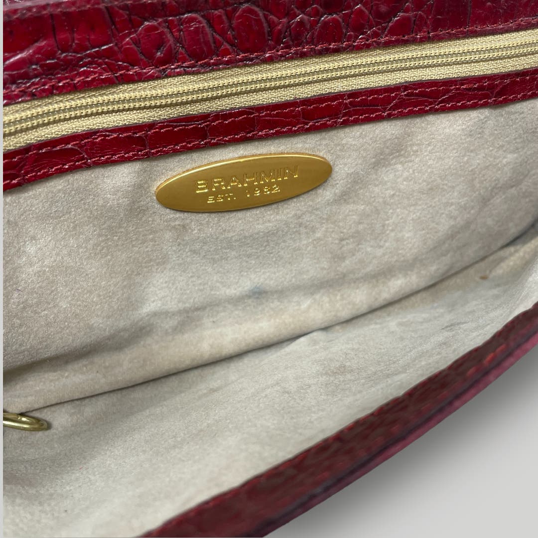 Vtg Brahmin Clutch Red Burgundy Front Embellishment Moc Crocodile Leather E