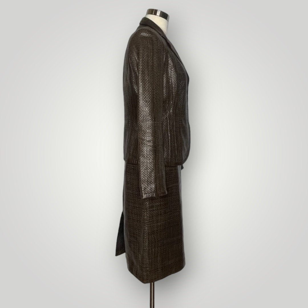 Max Mara Brown Woven Leather Skirt Suit Set Blazer Couture I