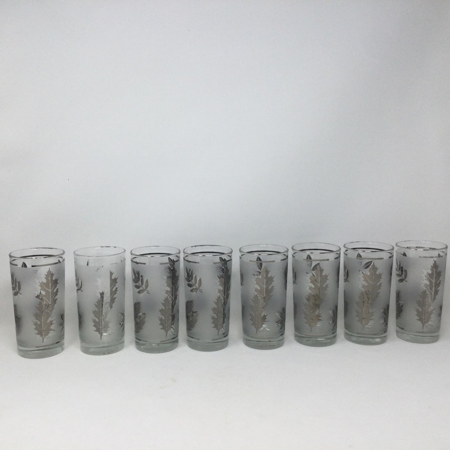 Libbey Starlyte Frosted Silver Leaf Glasses Foliage Set of 8 With Carrier