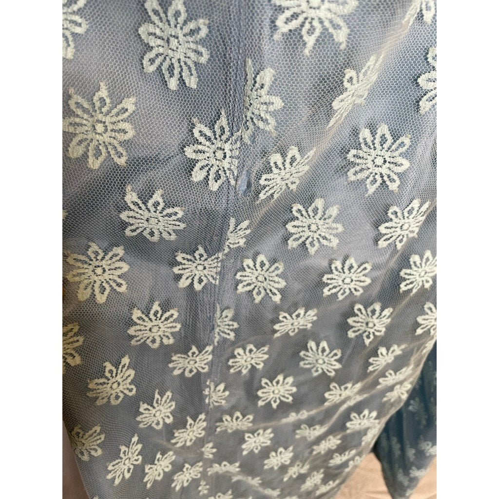 Vintage 1960s Handmade Dress Sheer Netting Embroidery Maxi Powder Blue Med F