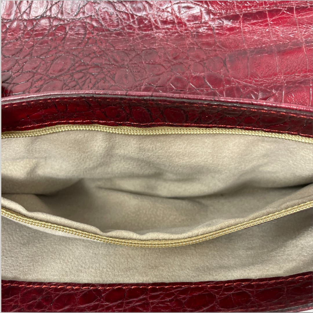 Vtg Brahmin Clutch Red Burgundy Front Embellishment Moc Crocodile Leather E