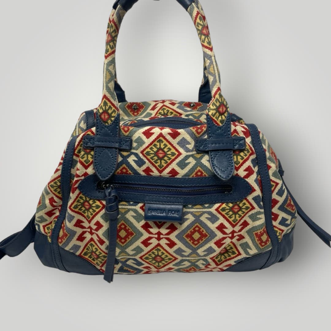 Isabella Fiore Bags Purse Studded Convertible Blue Leather Trim Geometric Pattern