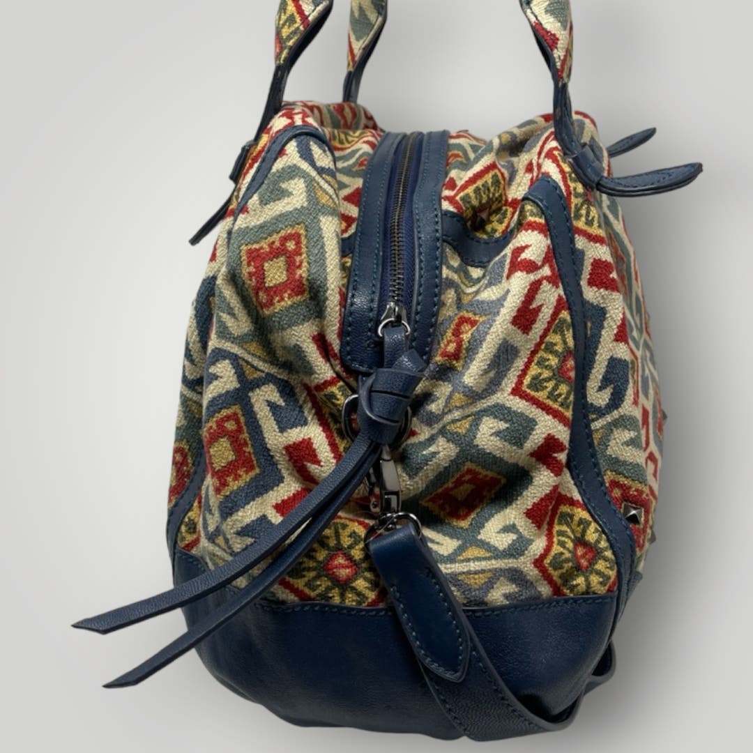 Isabella Fiore Bags Purse Studded Convertible Blue Leather Trim Geometric Pattern