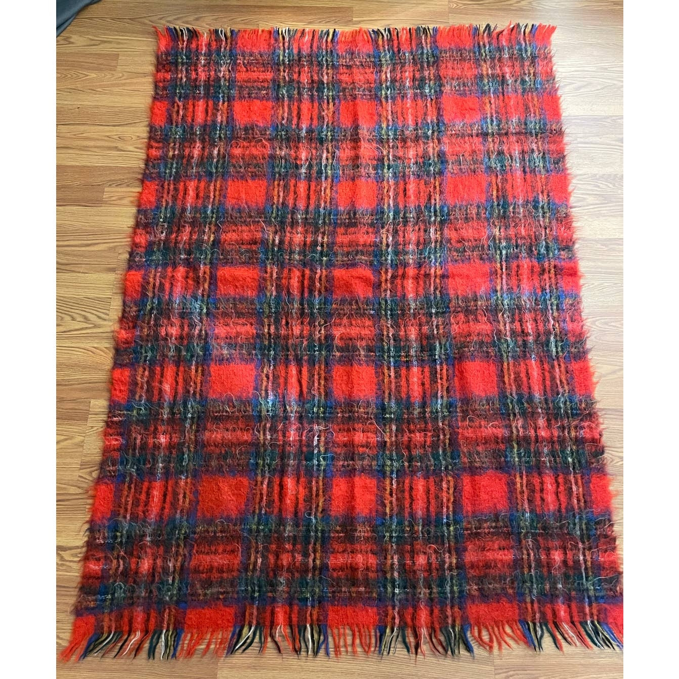 Vtg Plaid Tartan Mohair Throw Blanket 72”x49” Fringe Red Green Blue