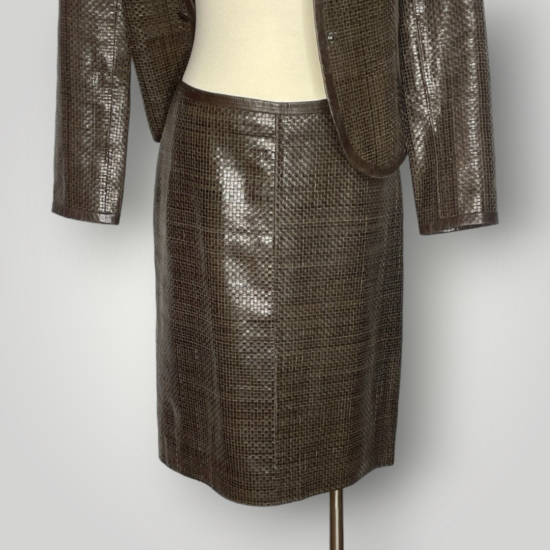 Max Mara Brown Woven Leather Skirt Suit Set Blazer Couture I