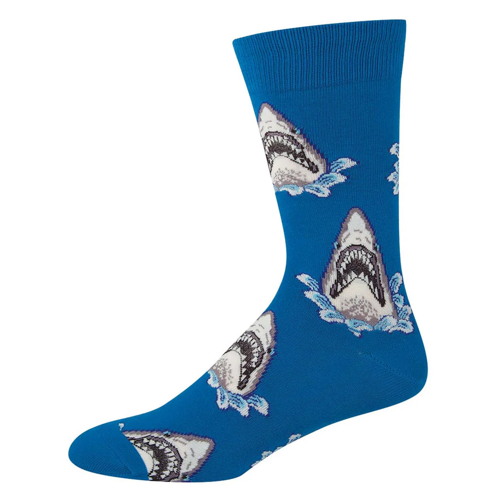 blue unisex socks with great white shark heads popping out of the water pattern