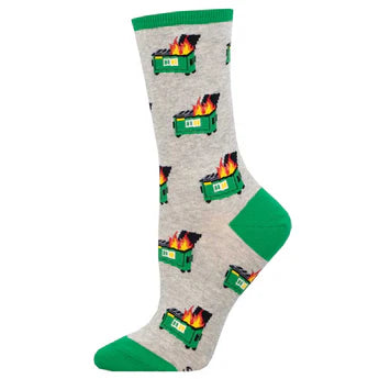unisex gray heather socks with green waste management dumpsters on fire pattern on socks