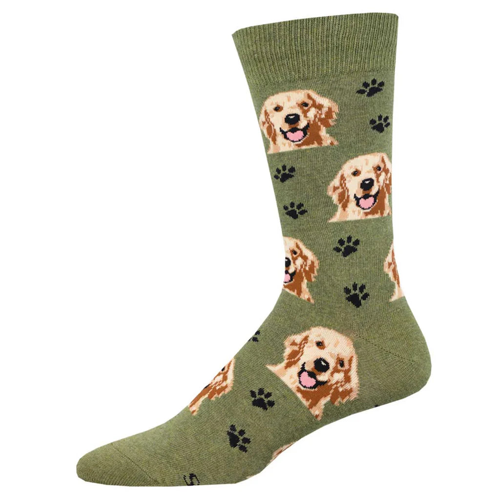 olive green unisex socks with a lab dog and paw print pattern