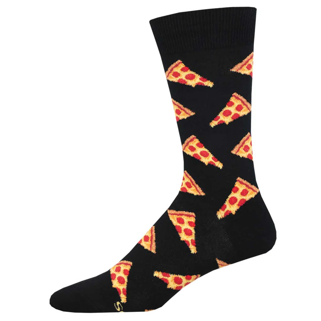 black unisex socks with pepperoni pizza pattern printed on them