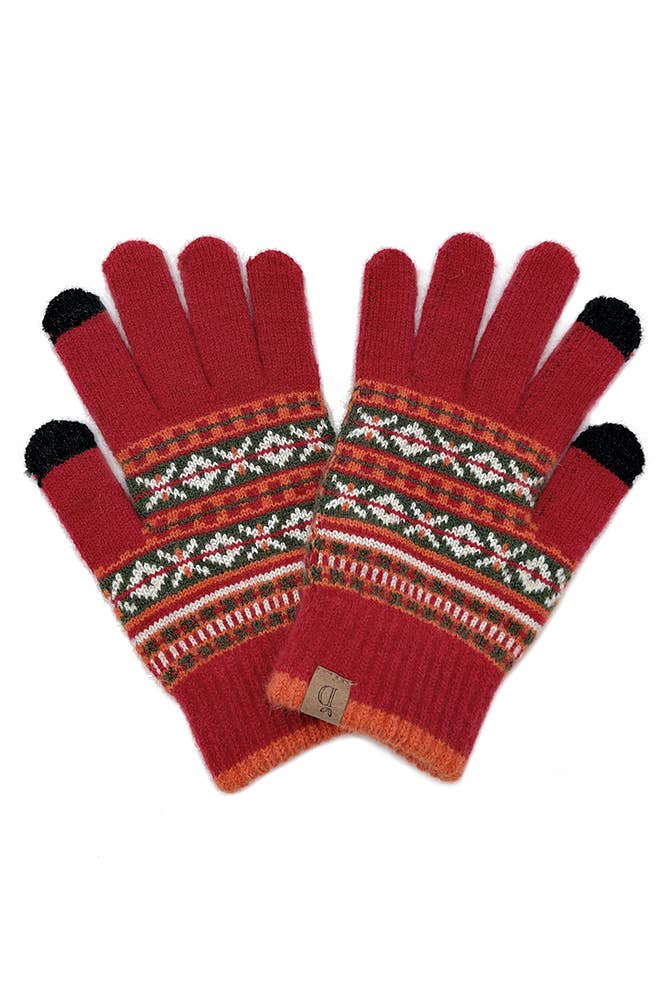 Aztec Knit Touch Gloves: Red