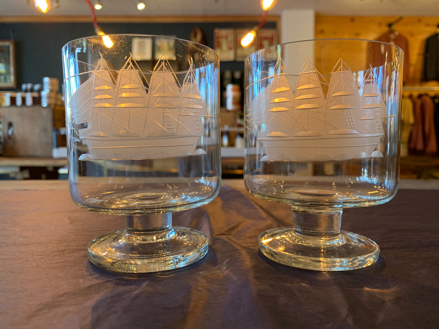 Vintage Etched Ship Snifters