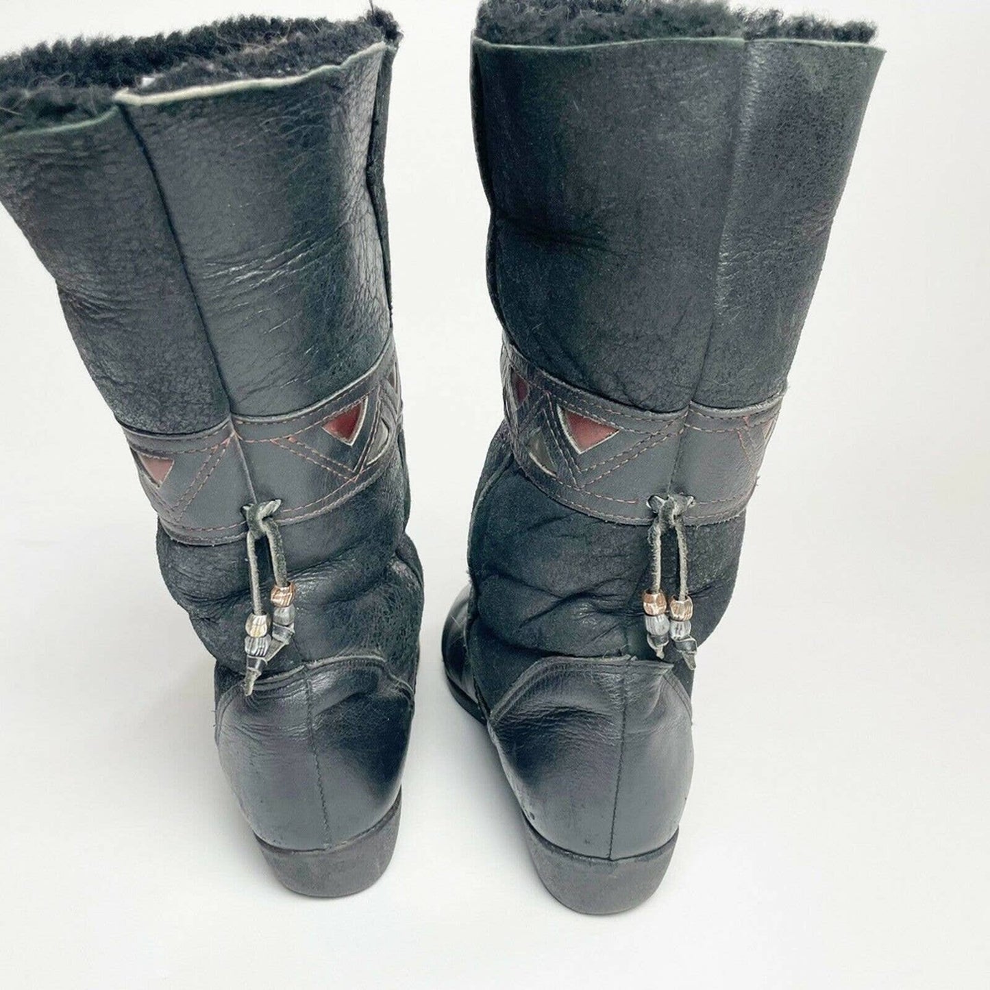 Vintage Sorel Sheepskin Boots Black 1980s Geometric Contrast Triangle 8.5