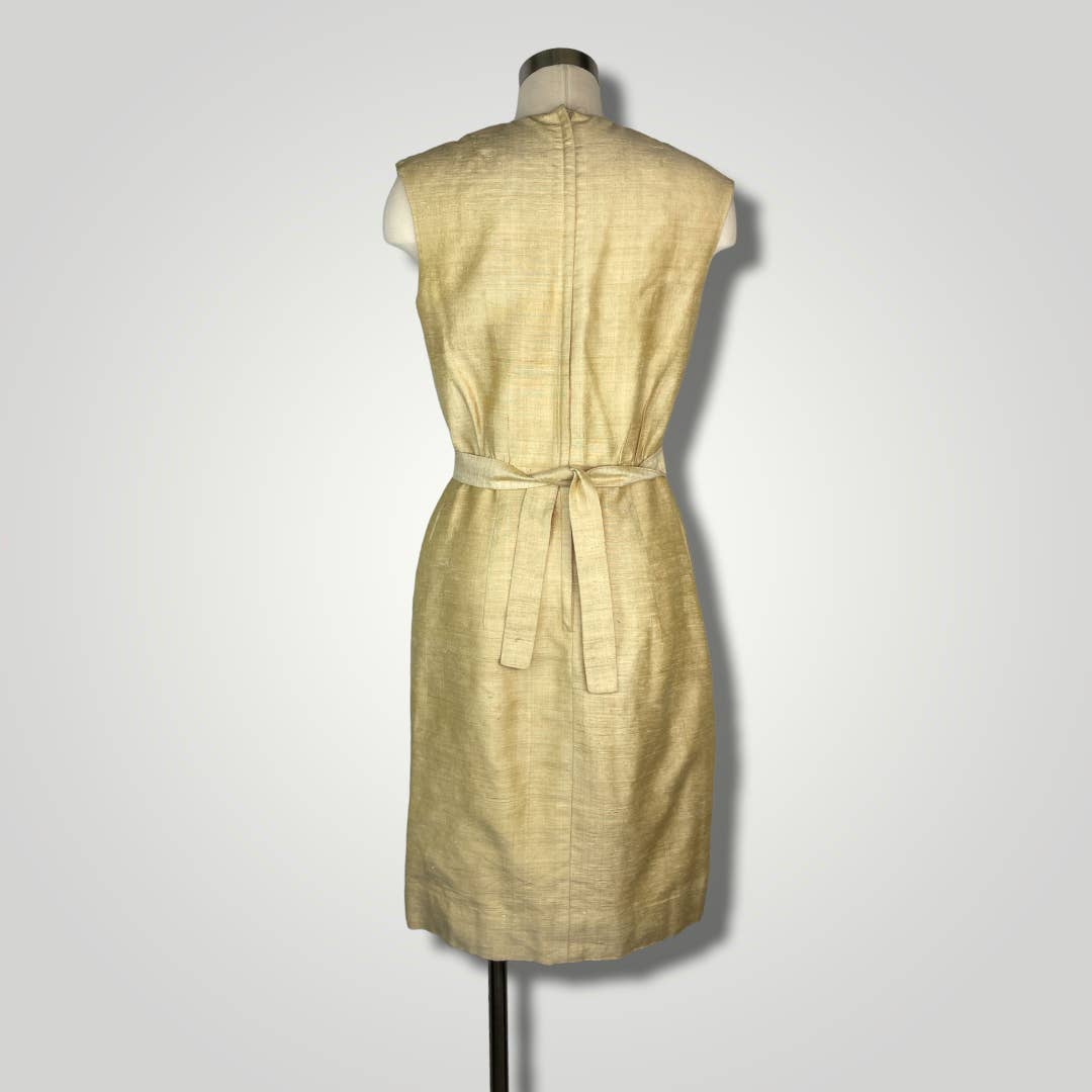 Vintage 1950s Sheath Dress Cream Yellow Tussah Silk Hand Loomed Size 4 B105