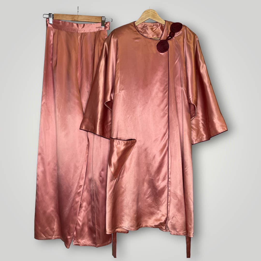 Vintage 1930s Satin Pajama Set Pink Burgundy Wide Leg Pants Asian